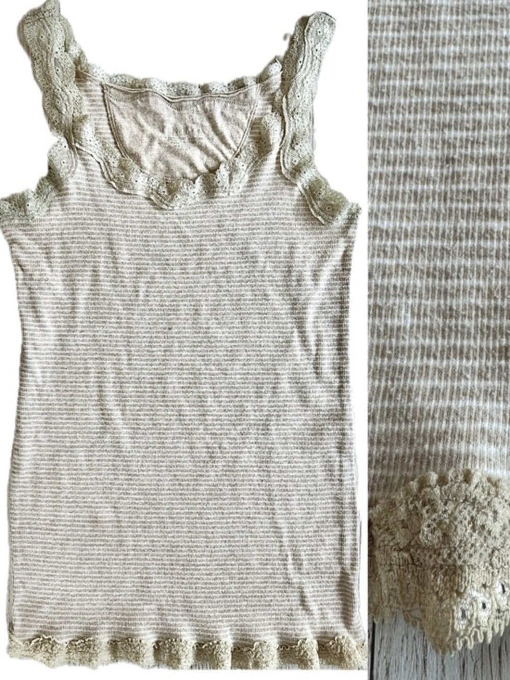 Calvin Klein Y2K 90s Lace Trimmed Beige & White Striped Tank Top M